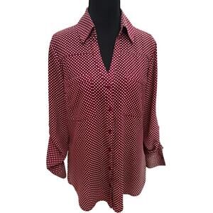 Express Polka Dot Button-Up Blouse Women’s Medium Burgundy Tie Sleeve Top Size M